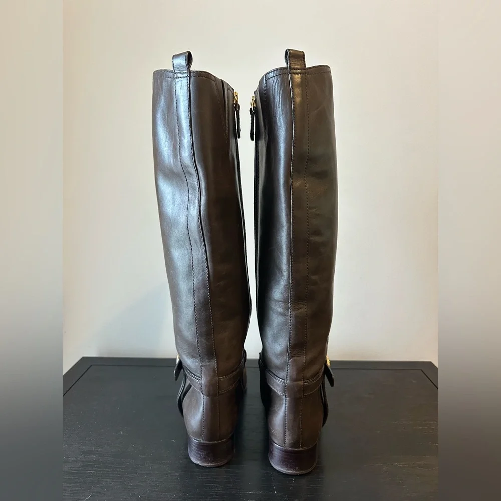 Tory Burch Bristol Brown Coconut Gold Leather Riding Boots Knee Both Size 8.5